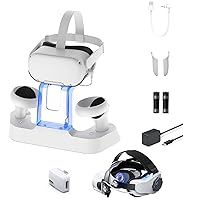 NexiGo VR Headset Accessories Essential Kit, Enhanced Charging Dock with LED Light, Head Strap with Battery and Data Paththrough for Oculus Quest 2, Comes with Type-C Adapter
