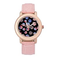 USA Flag Round Dot Women's Watches Classic Quartz Watch with Leather Strap Easy to Read Wrist Watch