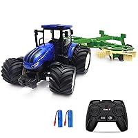 RC Truck Farm Tractor with 2 Rechargeable Batteries - 2.4G 1/24 High Simulation Construction Vehicle with Dual Rotary Swath Windrower，Remote Control Toy with Lights, Hobby Model Toys for Kids 3-6