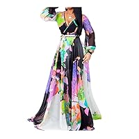 lvenzse Womens Maxi Dress Boho Chiffon Floral Printed V-Neck Long Dresses