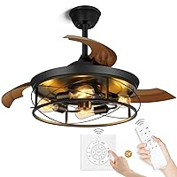 42Inch Retractable Ceiling Fans with Lights Remote Control Caged Industrial Farmhouse Ceiling Fans Rustic Black Ceiling Fan for Living Room Bedroom Patio Kitchen