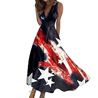 Womens 4th of July American Flag Maxi Dress Casual Summer Sleeveless V Neck Boho Waist Long Dress