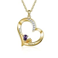 MRENITE 10K 14K 18K Gold Personalized Heart Shaped Birthstones Necklaces Engrave 2 Names Anniversary Birthday Jewelry Gift for Her