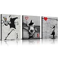 vbojhre 3 Pieces Flower Thrower Banksy Grafitti Grey Home Office Wall Art Poker Cards Illustrations Girl with Red Balloon Pop Artwork for Living Room Wall Decor Frame 12x16in
