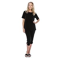 Jostar Women's 2 Piece Set – Plus Size Short Sleeve T Shirts Top and Capri Pants with Side Slit Solid Casual Outfit