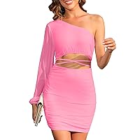 Mokoru Women's Sexy One Shoulder Mesh Long Sleeve Bodycon Ruched Cut Out Party Cocktail Mini Short Dresses
