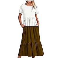 Funny Contrast Beach Dress Women Summer Short Sleeve Flowy Pleated Long Dress 2024 Casual Ruffle Hem A-Line Dresses