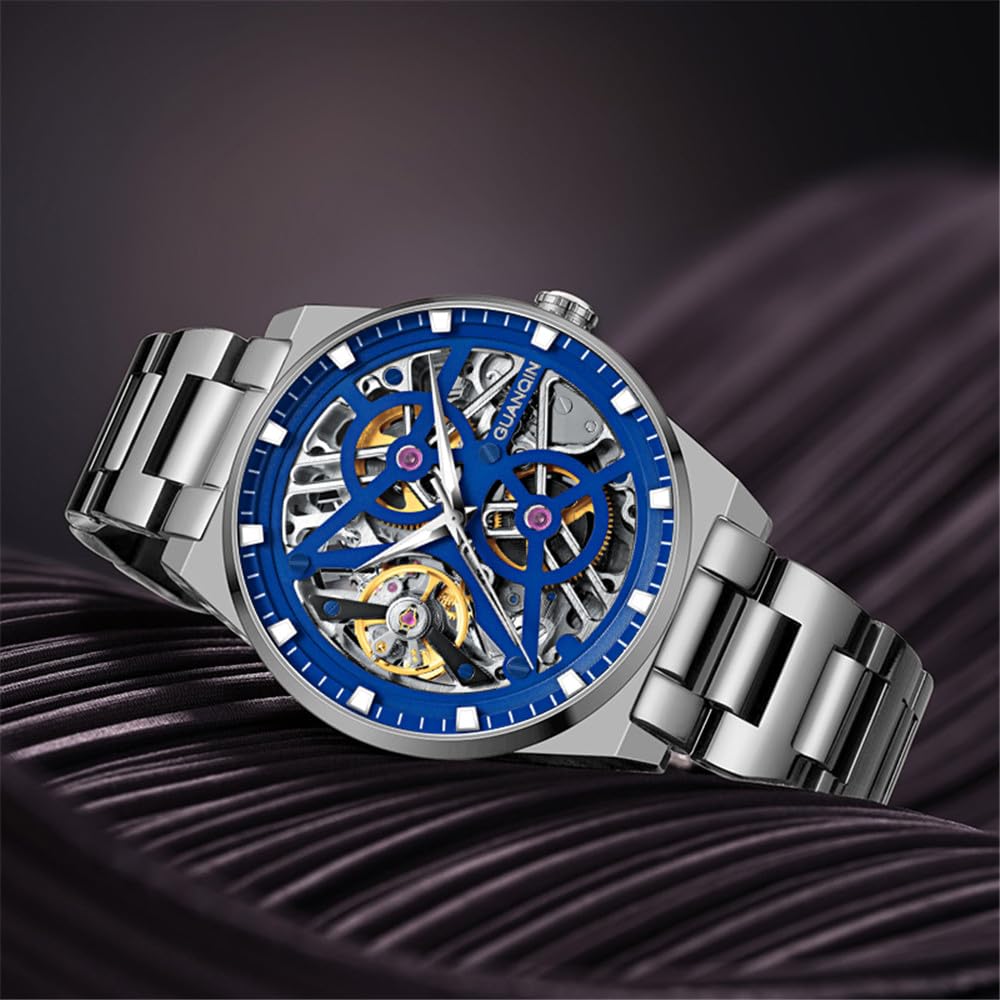 GUANQIN Men's Vintage Skeleton Watch Automatic Mechanical Sapphire Crystal Double Sided Hollow Watch Men Stainless Steel Male Business Watch Waterproof Luminous Multifunction Dial, silver blue, Bracelet Type