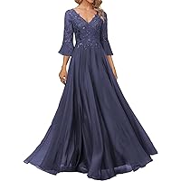 V Neck Mother of The Bride Dress for Wedding Long Flare Sleeve Chiffon Lace Applique Formal Evening Party Gown for Women