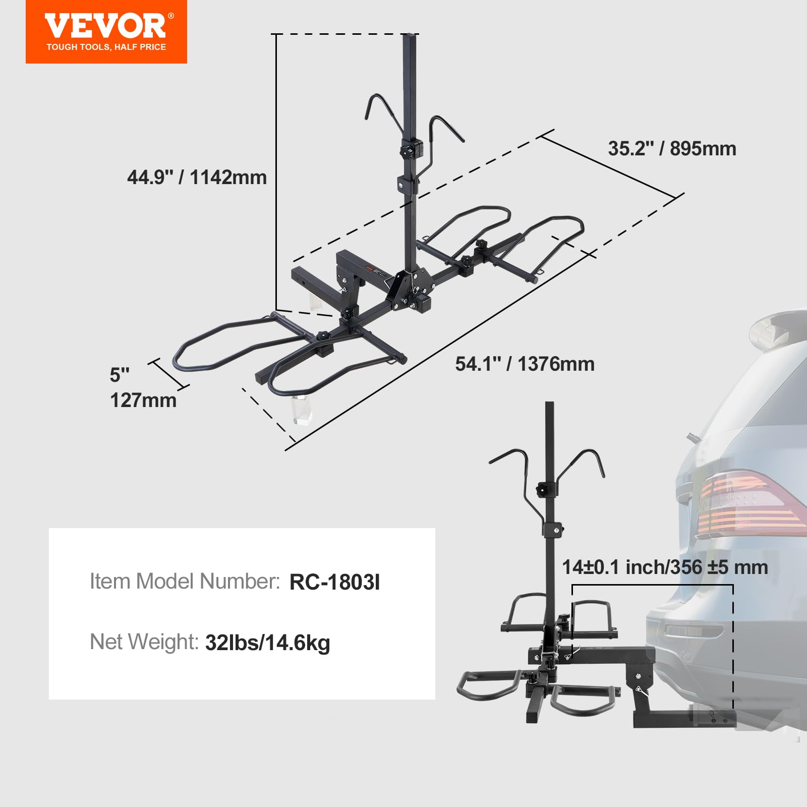 VEVOR Hitch Mount Bike Rack, 2-Bike Platform Style, 160 LBS Max Capacity Bike Rack Hitch for 2-inch Receiver, Titling and Folding Bike Carrier with Tires up to 5