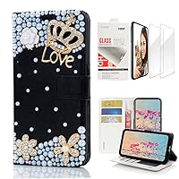 STENES Bling Wallet Phone Case Compatible with Samsung Galaxy S23 FE 5G - Stylish - 3D Handmade Crown Flowers Floral Design Leather Girls Women Cover with Screen Protector [2 Pack] - Black