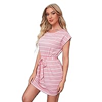 Summer Dresses for Women 2023 Scoop Neck Cap Sleeve Self Belted Striped Loose Mini Dress