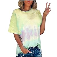 Trendy 2024 Summer Tie Dye Shirt for Women, Women's Loose Fit Casual T-Shirt Workout Short Sleeve Blouse Tops