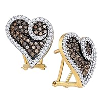 The Diamond Deal 10kt Yellow Gold Womens Round Brown Color Enhanced Diamond Heart Earrings 1.00 Cttw