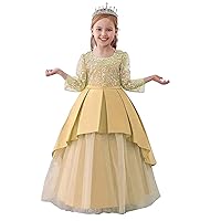 Women's Long Sleeve Flower Embroidery Tull Rhinestone Embellished Satins Child's Ball Gown Formal Princess