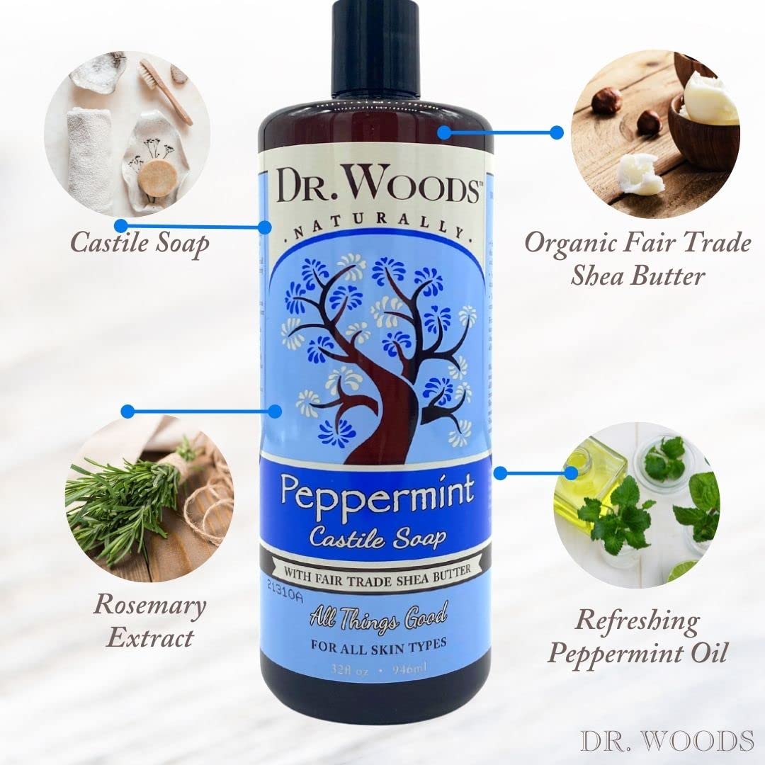 Dr. Woods Pure Castile Peppermint Soap with Organic Shea Butter, 32 Ounce (32 oz)