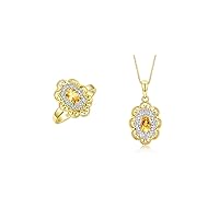 Rylos Matching Set Yellow Gold Plated Silver Floral Pattern Halo Pendant Necklace & Ring. Gemstone & Diamonds, 18