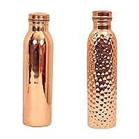 Pure Copper Water Bottle, Drink ware Set, Capacity 1000 ML, Set of 2 (HAMMERED & PLAIN)