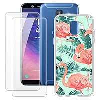 Samsung Galaxy A6 2018 Case + 2PCS Screen Protector Tempered Glass, Ultra Thin Bumper Shockproof Soft TPU Silicone Cover Case for Samsung Galaxy A6 2018 (5.6”) Flamingo