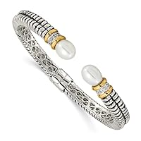 925 Sterling Silver Hinged Polished Prong set 14k Yellow Diamond White Freshwater Cultured Pearl Cuff Stackable Bangle Bracelet Measures 9mm Wide Jewelry for Women