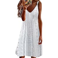 Summer Dresses for Women 2024 Solid Color Hollow Fashion Ruched with Spaghetti Strap Tunic Sundresses