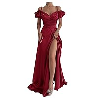 Tsbridal Gorgeous Spaghetti Straps Pleated Slit Prom Dresses with Beads Long 2024 Satin Formal Evening Gowns
