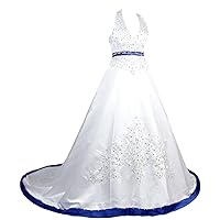 Womens Halter Embroidery Satin Wedding Bridal Dress Corset Back