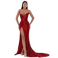 Satin Mermaid Prom Dresses for Women Pleated Strapless with Hight Slit Beaded Formal Evening Gown U015