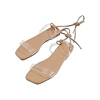 GORGLITTER Women's Lace Up Flat Sandals Criss Cross Tie Up Square Toe Clear Strappy Sandals