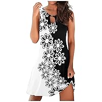 Dresses for Women Casual Summer Floral Printed Tank Sleeveless Dress Hollow Out Loose Beach Short Mini