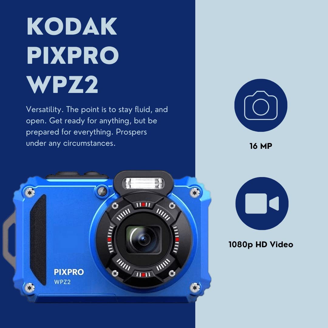 Kodak PIXPRO WPZ2 Rugged Waterproof 16MP Digital Camera with 4x Optical Zoom (Blue) Bundle with Koah Nostrand Gadget Bag, Floating Camera Strap (Yellow), and 32GB UHS-I microSDHC Memory Card (4 Items)