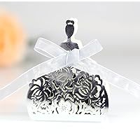 50 Pack Laser Cut Girl Rose Wedding Candy Boxes with Ribbon Party Favor Boxes Small Gift Boxes for Wedding Bridal Shower Anniversary Birthday Party (Metallic Silver)