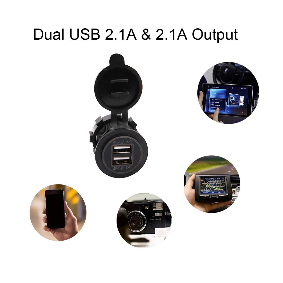 Dual USB Charger Socket Waterproof Power Outlet 12V/24V 2.1A & 2.1A for Car Boat Marine RV Mobile Blue LED