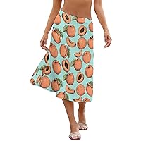 Apricots Midi Length Skirt for Women Elastic High Waist Swing A-line Skirts Casual Summer Skirt