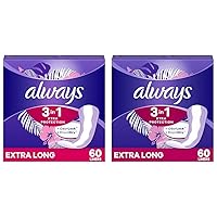 Xtra Protection 3-in-1 Daily Liners for Women, Extra Long, 60 CT (Packaging May Vary) (Pack of 2)