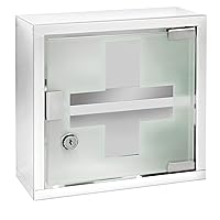 WENKO Medicine Cabinet with Lock, Wall mounted Bathroom Storage, Hanging Medical Cabinet, First Aid Wall Cabinet with Safety Glass Door, Modern, Small, 9.8 x 9.8 x 4.7 in, Silver Shiny