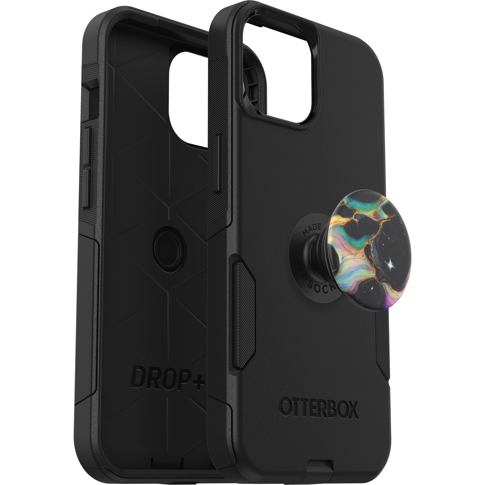 Bundle: Commuter Series Case for iPhone 13/14/15 - (BLACK) + PopSockets PopGrip - (ELECTRIC OIL SLICK), Slim, Tough, and Pocket-Friendly Case With Port Protection and Included PopGrip