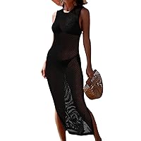 Pink Queen Women Crochet Swimsuit Cover Up Hollow Out Sleeveless Beach Dress Side Split Knit Cover Ups for Bathing Suits