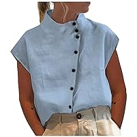 Women's Chiffon Blouses Solid Color Cotton Linen Standing Collar Button Short Sleeved Shirt Tshirts Shirts, S-2XL