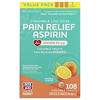 Rite Aid Low Dose 81 mg Aspirin, Chewable Tablets, Orange Flavor, 3 Bottles, 36 Count Each (108 Count Total) Pain Reliever | Chewable Aspirin Regimen | Headache Relief Pills | Aspirin 81mg for Adults