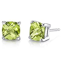 Peora Solid 14K White Gold Peridot Stud Earrings for Women, Genuine Gemstone Birthstone Solitaire, Cushion Cut 6mm, 2.25 Carats total, Friction Back
