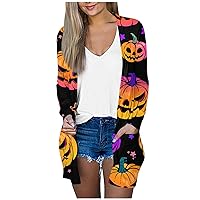 Halloween Cardigans Womens Halloween Cardigan Plus Size Long Sleeve Pumpkin Cardigans Open Front Outwear Coat with Pockets
