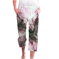 Vintage Marble Print Capri Pants Women's Summer Casual Drawstring Waist Loose Beach Straight Leg Pant with Pockets