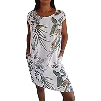 Needream Dresses, 2024 Summer Cotton and Linen Round Neck Printed Dresses for Women with Sleeves