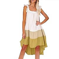 Summer Dresses for Women 2024, Womens Color Block High Low Dress Loose Ruffle Sleeveless Beach Dresses Cute Sundresses