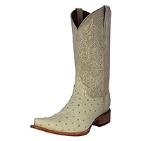 TEXAS LEGACY Mens Off White Western Leather Cowboy Boots Ostrich Quill Print Pointed