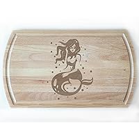 Mermaid-Themed White Beech Cutting Board with Laser Engraving, Flowing Hair & Bubbles Design, Unique Sea Lover Gift