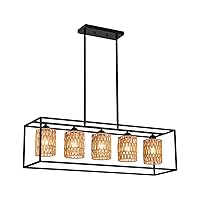 Rattan Kitchen Island Light Fixture, 5 Lights Boho Rectangle Pendant Lights for Dining Room, Farmhouse Chandeliers Over Table, Modern Ceiling Hanging Kitchen Light Fixtures, Height Adjustable