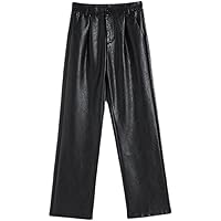 Faux Leather Stretchy Black Pants Punk High Waist Straight Wide Leg Comfort Sport Pants for Women with Pockets