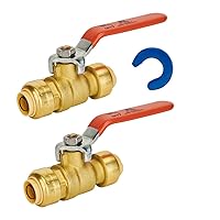 SUNGATOR 1/2 Inch Ball Valve, Pushfit Water Shut Off Valve, No Lead Brass Ball Water Valve 1/2 Inch, Push to Connect Plumbing Valve to Work with Pex, Copper, CPVC, with 1 Disconnect Clip, Pack of 2